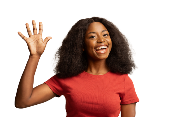 A happy woman waving hi to you